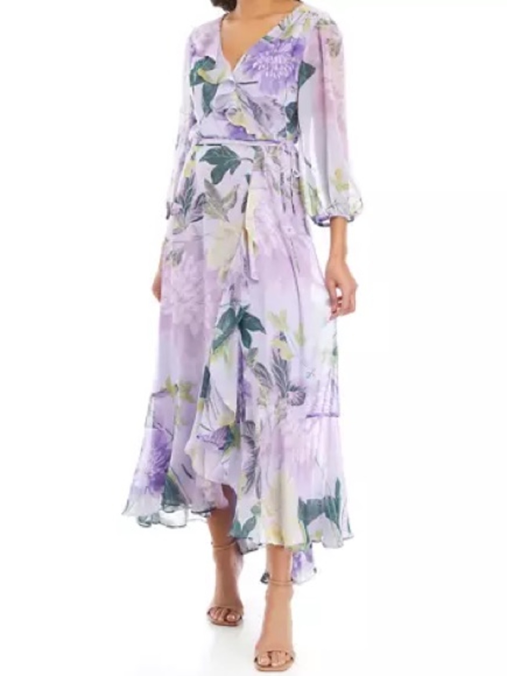 Maison Tara Lavender & Green Floral Wrap Maxi Dress Size 8 NWT